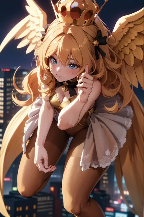 Aerial View，giant girl 50,000 feet high，Weight 1000kg，Has a pair of huge golden angel wings，With huge devil horns on his head，Has waist-length golden hair，loose hair，Big wavy blonde curls，Golden crown，Wearing a pair of gold Mary Jane heels，Gold lace gloves...