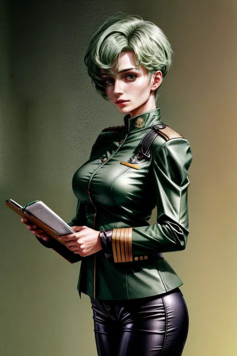 Frederica Greenhill, 25 years old, lieutenant, adjutant, shortcut, green hair,
Reporting with a clipboard