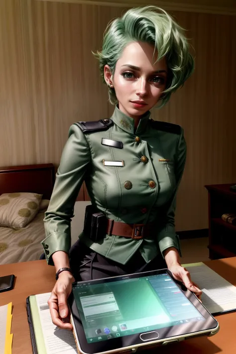 Frederica Greenhill, 25 years old, lieutenant, adjutant, shortcut, green hair,
Searching for materials on a tablet device