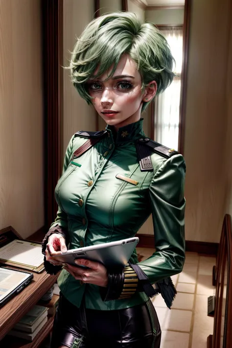 Frederica Greenhill, 25 years old, lieutenant, adjutant, shortcut, green hair,
Searching for materials on a tablet device