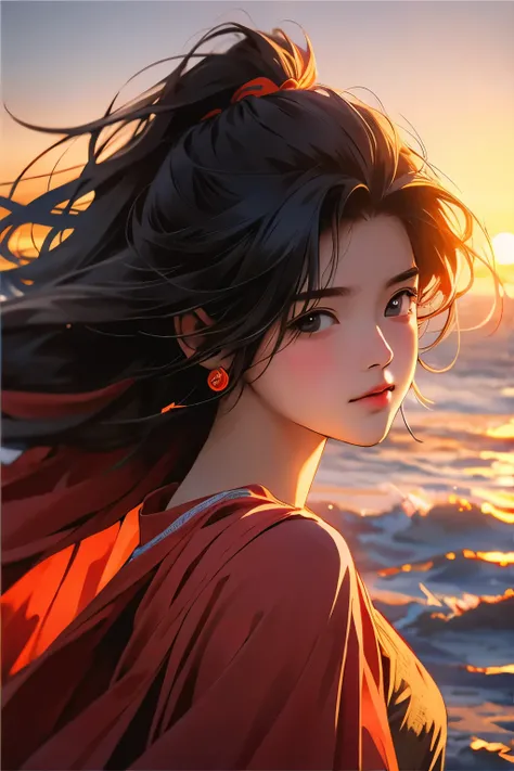 (masterpiece), (best quality), 1girl, portrait, side look portrait, messy hair, windy, outdoor, sunset