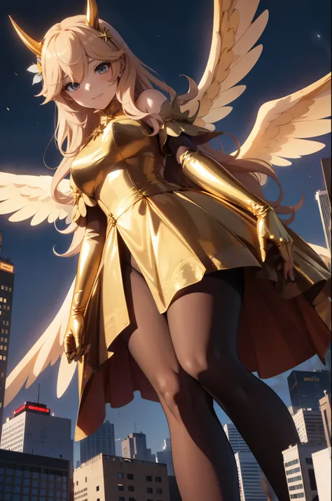 Aerial View，giant girl 50,000 feet high，Weight 1000kg，Has a pair of huge golden angel wings，With huge devil horns on his head，Has waist-length blond hair，loose hair，Blonde hair with big wavy curls，gold crown，Wearing a pair of gold Mary Jane high heels，Gold...