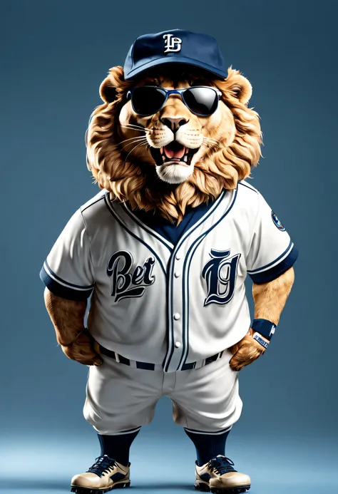 photorealistic portrait of Dressed animals - a fat lion baseball player,( dynamic action pose), high quality,(lovely) ,intricate details, highly detailed ((baseball uniform)) ,highly detailed baseball cap, wearing sunglasses, (happy), studio lighting,(full...