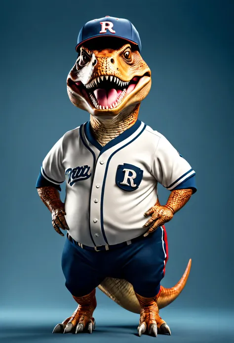 photorealistic portrait of Dressed animals - a fat t-rex baseball player,( dynamic action pose), high quality,(lovely) ,intricate details, highly detailed ((baseball uniform)) ,highly detailed baseball cap, wearing sunglasses, long tail, (happy), studio li...