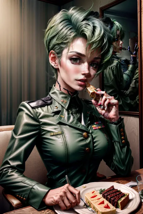 Frederica Greenhill, 25 years old, lieutenant, adjutant, shortcut, green hair,
Eating in military uniform