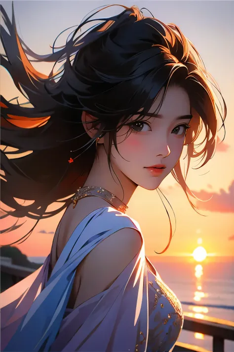 (masterpiece), (best quality), 1girl, portrait, side look portrait, messy hair, windy, outdoor, sunset, sexy dress