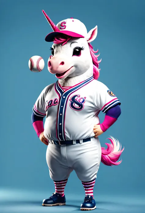 photorealistic portrait of Dressed animals - a fat unicorn baseball player,( dynamic action pose), high quality,(lovely) ,intricate details, highly detailed ((baseball uniform)) ,highly detailed baseball cap, wearing sunglasses, , (happy), studio lighting,...