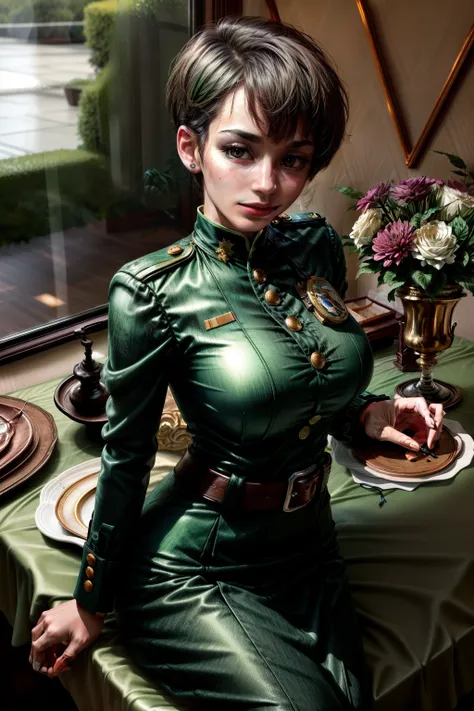 (best quality,4k,8k,highres,masterpiece:1.2),ultra-detailed,(realistic,photorealistic,photo-realistic:1.37),Frederica Greenhill, 25 years old, lieutenant, adjutant, short haircut, green hair, dining in military uniform, illustrative style, beautiful detail...