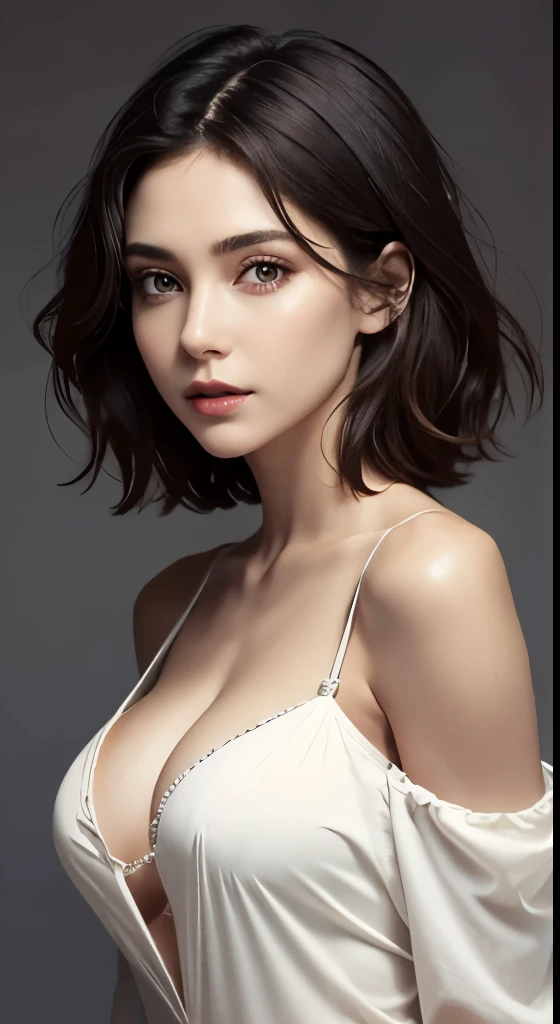 Skin Tight Black Top:1.2、look at viewer、cinematic lighting、perfect、soft light、High resolution skin:1.2、realistic skin texture、30 year old mature woman、small face、no makeup、off shoulder、Bust B Cup、 exposed cleavage、red eyes、short hair、dark brown hair、full n...