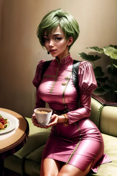 Frederica Greenhill, 25 years old, lieutenant, adjutant, shortcut, green hair,
Eating in a luxurious pink dress at a high-end restaurant