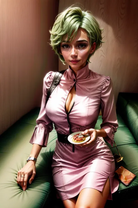 Frederica Greenhill, 25 years old, lieutenant, adjutant, shortcut, green hair,
Eating in a luxurious pink dress at a high-end restaurant