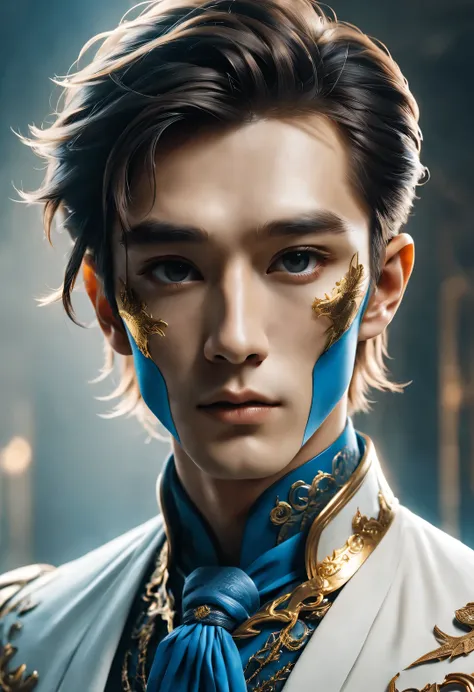 (male character design), Half body photo, Staring at the camera,
(Chinese handsome man Gao Changgong, Prince of Lanling, in front of the computer), (The left half of her face wears an ornate blue and gold metal mask.: 1.1), (Messy and long white hair: 1.0)...