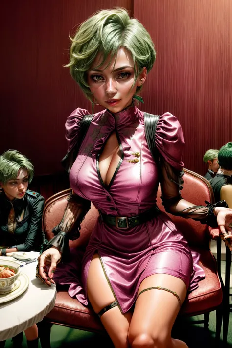 Frederica Greenhill, 25 years old, lieutenant, adjutant, shortcut, green hair,
Eating in a pink evening dress at a fancy restaurant, sit down, earrings, necklace, ring, bracelet, chain belt