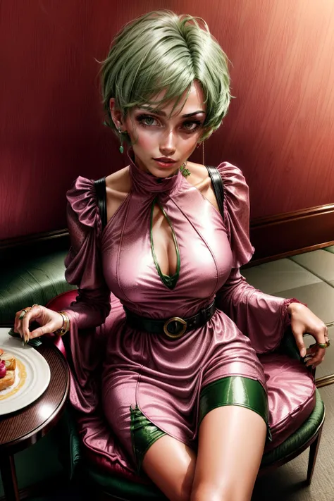 Frederica Greenhill, 25 years old, lieutenant, adjutant, shortcut, green hair,
Eating in a pink evening dress at a fancy restaurant, sit down, earrings, necklace, ring, bracelet, chain belt