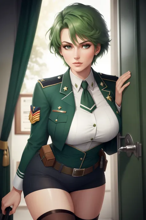 Frederica Greenhill is a 25-year-old female lieutenant with short, bright green hair. She is known for her quick strategic thinking and ability to find efficient shortcuts. Her uniform is decorated with various insignia reflecting her rank and accomplishme...