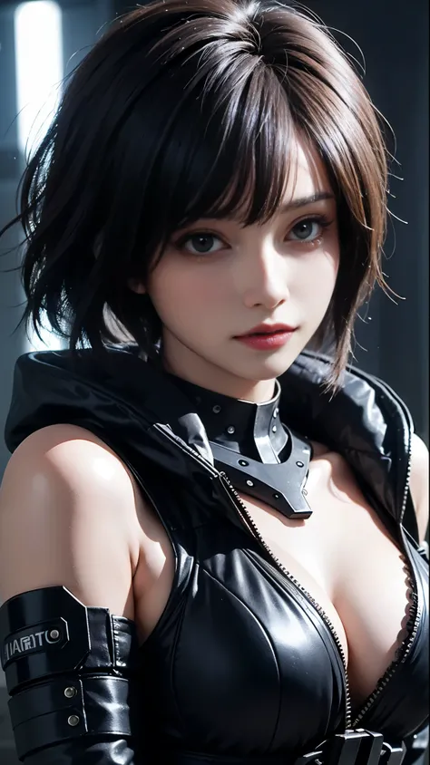 ((top-quality)), ((​masterpiece)), (high-detail:1.3), 3D, Beautiful fece (cyberpunked:1.3) Colored hair、Hacker woman in black clothes looking at camera、boob focused、medium breasts⁩、Bright lighting