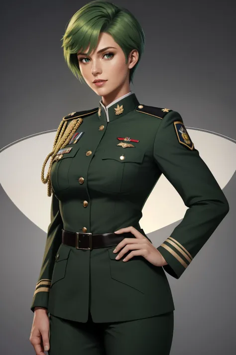 Frederica Greenhill is a 25-year-old female lieutenant with short, bright green hair. She is known for her quick strategic thinking and ability to find efficient shortcuts. Her uniform is decorated with various insignia reflecting her rank and accomplishme...