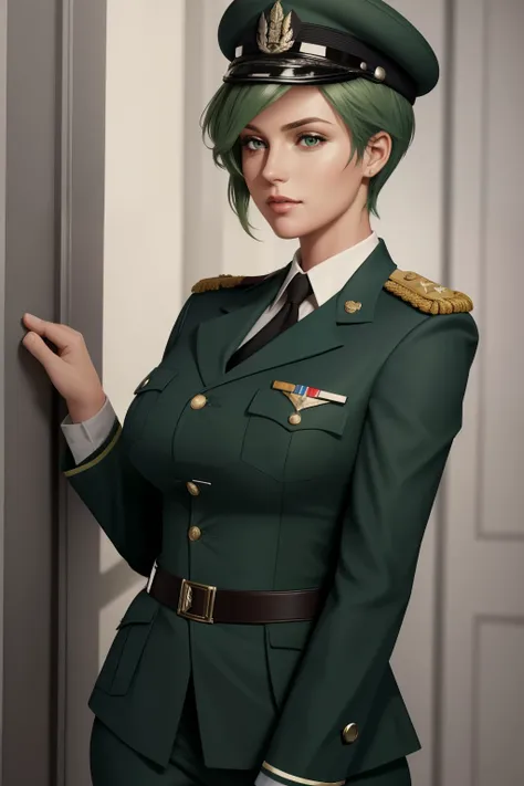 Frederica Greenhill is a 25-year-old female lieutenant with short, bright green hair. She is known for her quick strategic thinking and ability to find efficient shortcuts. Her uniform is decorated with various insignia reflecting her rank and accomplishme...