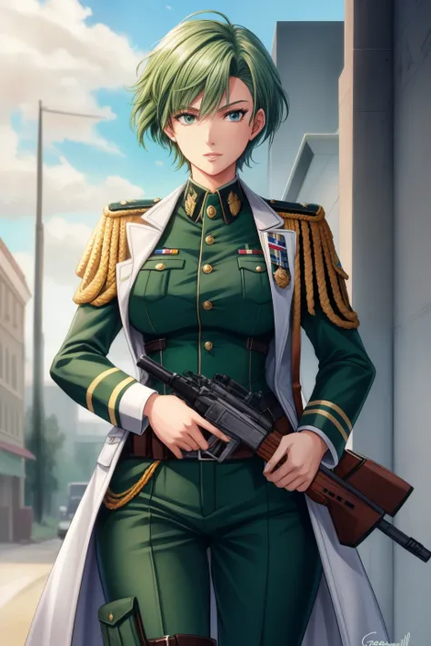 Frederica Greenhill is a 25-year-old female lieutenant with short, bright green hair. She is known for her quick strategic thinking and ability to find efficient shortcuts. Her uniform is decorated with various insignia reflecting her rank and accomplishme...