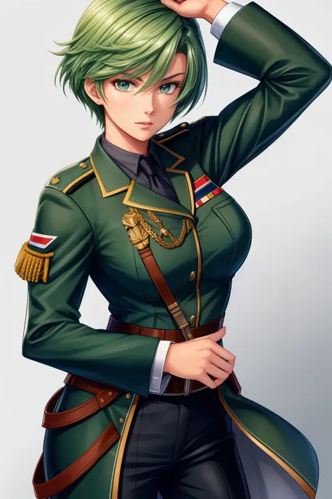 Frederica Greenhill is a 25-year-old female lieutenant with short, bright green hair. She is known for her quick strategic thinking and ability to find efficient shortcuts. Her uniform is decorated with various insignia reflecting her rank and accomplishme...