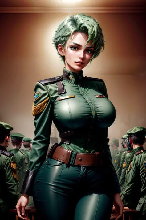 Frederica Greenhill is a 25-year-old female lieutenant with short, bright green hair. She is known for her quick strategic thinking and ability to find efficient shortcuts. Her uniform is decorated with various insignia reflecting her rank and accomplishme...