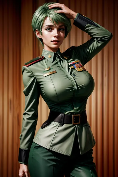 Frederica Greenhill is a 25-year-old female lieutenant with short, bright green hair. She is known for her quick strategic thinking and ability to find efficient shortcuts. Her uniform is decorated with various insignia reflecting her rank and accomplishme...