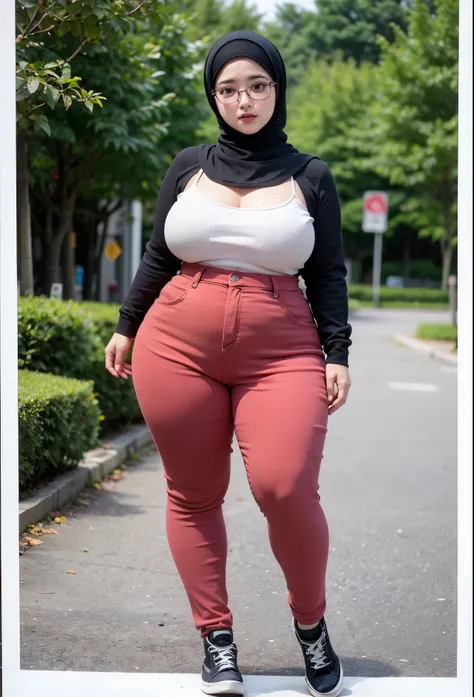 Hijab, glasses, pasmina, chubby, chubby tight,  big breasts, sepatu converse, high resolution, best quality, 8k resolution, gorgeous, High definition, baby face, full body 