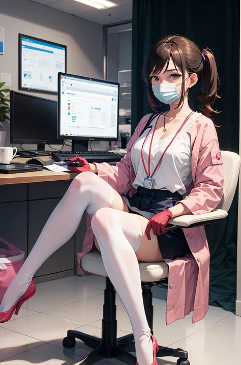 1 girl, brown hair, Dental Hygienist, pink medical scrub, White latex gloves, white stockings, ((White surgical mask, Covered nose)), sitting in a chair, Dental clinic, highest quality, masterpiece