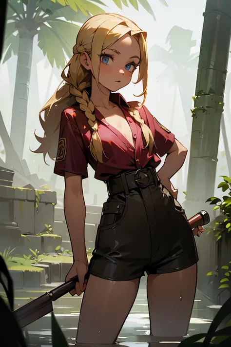 ((Masterpiece)), ((best quality)), A beautiful and smoldering hot attractive, small chest, teen explorer adventurer girl, wild braided blonde hair, earing, wearing a tight Explorer Adventurer outfit, (undress), (unbuttoned blouse and shorts), standing in t...