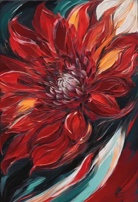 Draw an abstract painting of a single flower., dark red dahlia flower、use acrylic paint、Abstract artist known for his unique use of acrylic pouring, real brush strokes，aesthetic composition，Minimal style, Powerful and dynamic stroke、Shape representing angr...