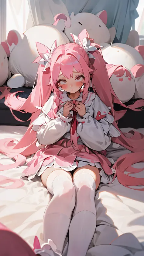 (masterpiece, best quality)，A little girl with pink hair sits on her knees on a large fluffy bed covered with white sheets，Hair tied into cute twintails，The hair is very long，The hair falls from the head to the ground，warm light，shy eyes，Wearing a cute and...