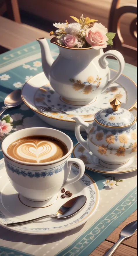 There is a cup of coffee and a plate on the table, Highly detailed rendering, high detail, high detail), Daily rendering, sunny morning, elegant rendering, High quality rendering, Highly detailed composition, Ultra-detailed rendering, high quality cg rende...