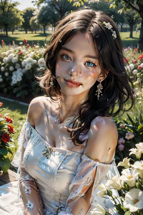 highest quality, masterpiece, ultra high resolution, (realistic:1.4), RAW photo, 1 girl, white dress, off shoulder, flower garden, glowing skin, light smile