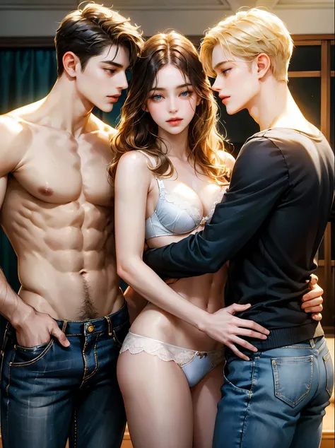 3 people, 1 girl 2 boys, different hair color, the girl has long blonde hair, wavy hair. She wears bra and underwear. The boy are short black hair, wavy hair, shirtless and jeans, detailed eyes, face, hand. They hug. 