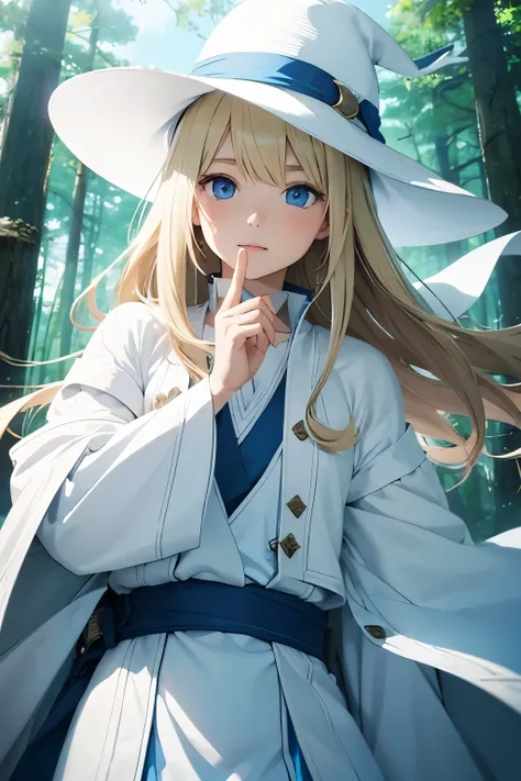 female solo、Blonde semi-short、white hat、blue eyes、white cardigan、wizard、white magician&#39;s robe、Ruins of the forest、high quality、high resolution