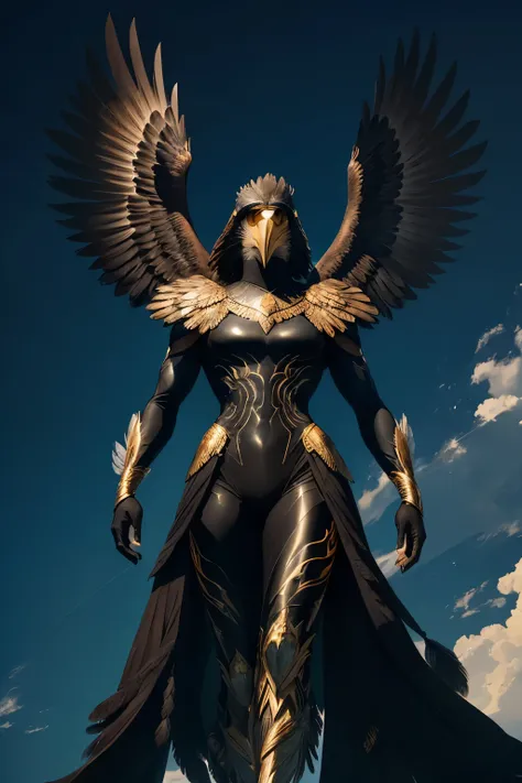 In the vast expanse of the sky, a majestic humanoid eagle stands tall, its powerful muscles taut and readied for flight. With piercing golden eyes, it gazes out at the horizon, the wind ruffling its feathers as it conveys a vision of unyielding determinati...