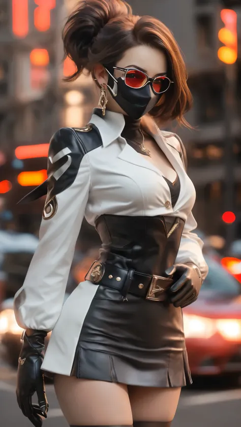 1girl, mask, solo, gloves, mouth_mask, lights, jewelry, night, navel, belt, neon_lights, sunglasses, ponytail, city, looking_at_viewer, black_pants, fingerless_gloves, earrings, midriff, breasts, building, standing, black_hair, asymmetrical_legwear, pants,...