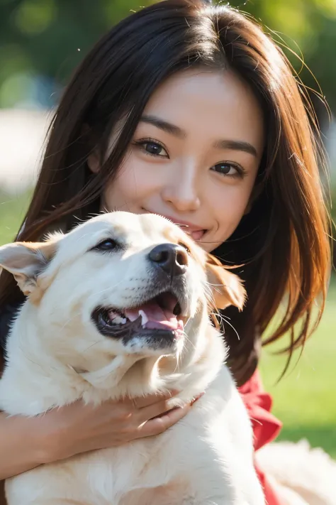 "A close-up, high-definition image that beautifully captures a dogs facial expression, focusing on its clear, emotional eyes and joyous smile. Imagine a composition where the dogs face is the center of attention, with every whisker, fur texture, and the sp...