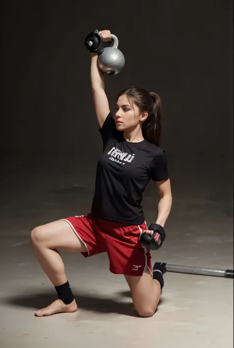 Generate an image of a realistic beautiful woman flawlessly executing the Kettlebell Turkish Get-Up, emphasizing the chest-up posture with focused eyes looking forward. Ensure her ribcage is pulled up, highlighting the importance of this step for a compreh...