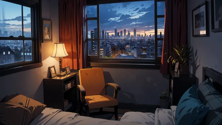 Illustration in cartoon style、Solid Paint、Room with large windows overlooking the city at night, the window is closed