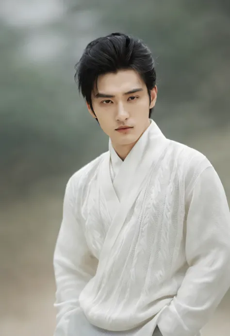 (male character design),(Half-length close-up),(Close-up of front view of melancholy handsome Chinese man Pan An),(Pan An wears a white sweater and white pants, which is modern and fashionable),((male character design), Half body photo, Staring at the came...