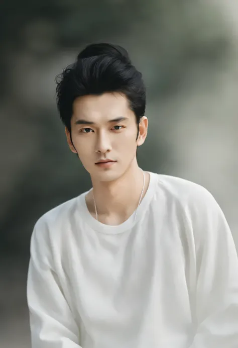 （male character design），（Half-length close-up），（Picture of melancholy handsome guy Pan An typing in front），（Pan An wears a white sweater and white pants, which is modern and fashionable），（(male character design), Half body photo, Staring at the camera,
(Ch...