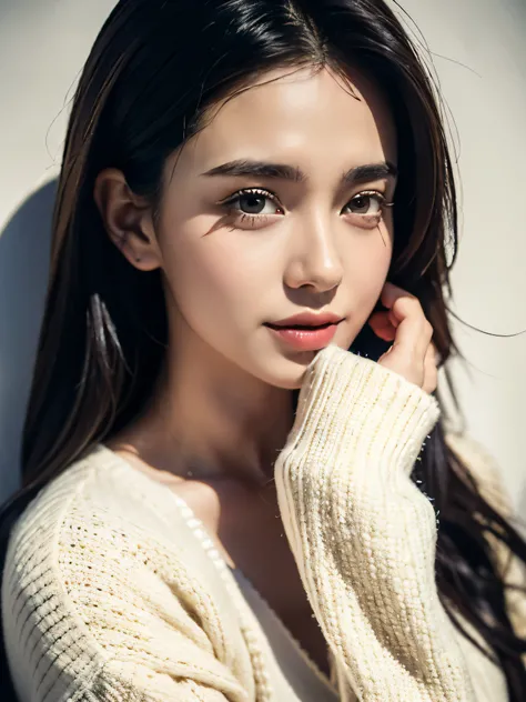 masterpiece, best quality, ultra high resolution (authenticity: 1.4), original photo, 35mm lens, Aperture F1.4, poster, light and shadow, a girl, white cardigan, Cassette visible,tears,Split,long black hair, real skin, (Skin details: 1.3),