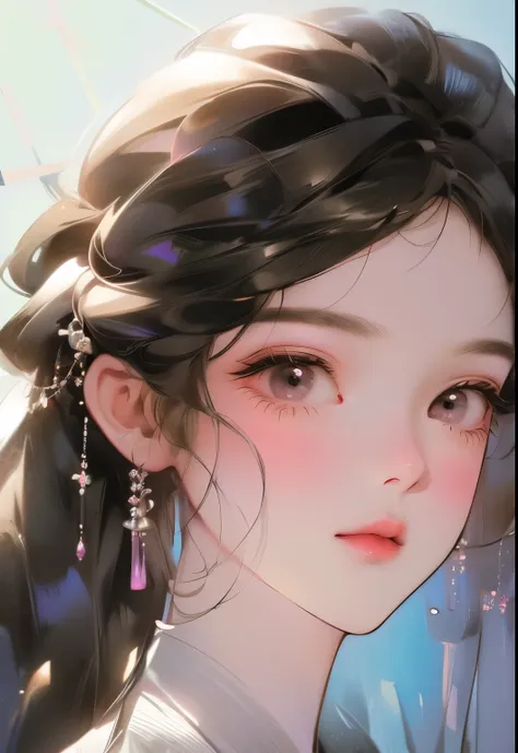 photoactual, lip gloss, , actual, best quality, ultra high resolution, depth, pastel colors, natural shadow, focus on face, Just look at the face, looking at the audience, long hair, hair accessories, black hair, brown and detailed eyes, skirt