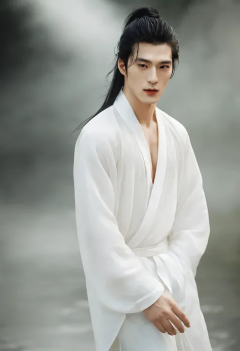 (male character design),(whole body),(Melancholy handsome Chinese guy Pan An is cooking),(Pan An wears modern fashionable white suit pants),(Pan An’s skin is fair and flawless),The bridge of his nose is high and straight,(Very long, long, long, Messy shawl...