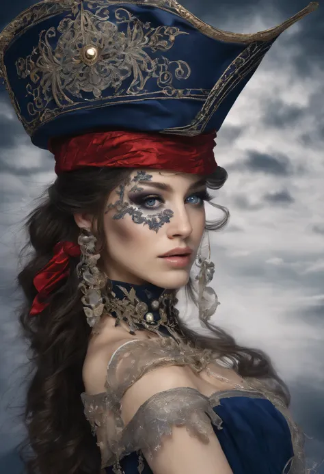 High quality, Super realistic pirate hat, 20 year old Pirate Maiden with heavenly beauty, rivaling the stars. Imagine, how she stands at the helm of a huge pirate ship in full view., silhouetted against the shimmering night sky of a crimson moon.. The vess...