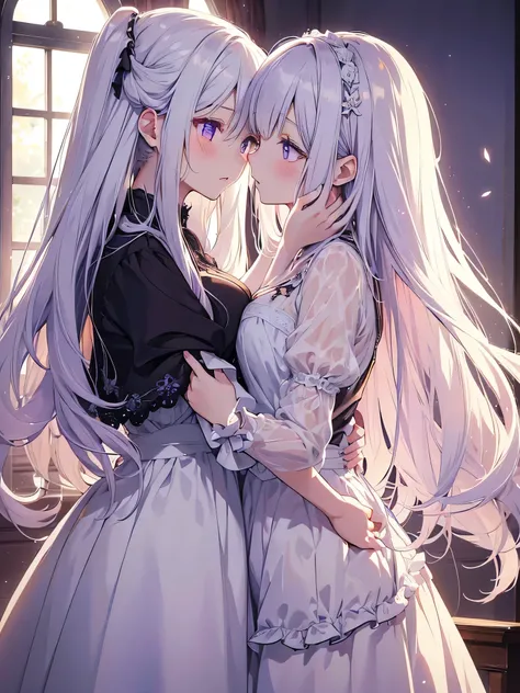 Anime - style image of two women in a room with a window, kiss together cutely, kiss together, Kissing each other, lovely kiss, small details. two beautiful anime girls, white hair, purple eyes, shining eyes, cute, cute, digital art, finelyed eyes, embarra...