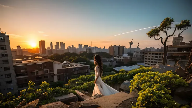 end of the world　ivy growing in ruins　sunset　meteor　Ruined city　end of the worldの隕石　cave-in　Destroyed World　rubble　bride standing still　budding flowers