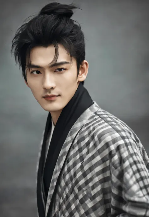 (male character design),(Half-length close-up),(Close up of sad handsome Chinese man Pan An smiling),(Pan An is modern and fashionable in a gray plaid woolen coat:1.37),((male character design), Half body photo, Staring at the camera, (Chinese handsome man...