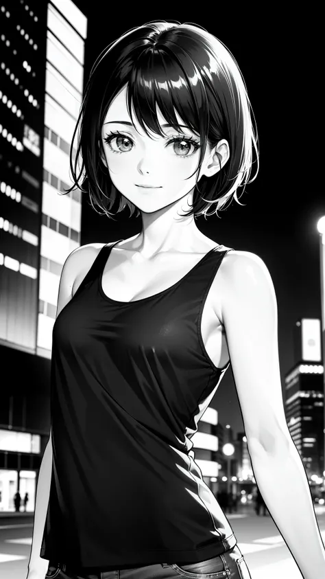 {8k image}, beautiful woman, 24 years old, short black hair in the wind, small chest, wear a striped tank top, looking at the viewer smiling, face and body centered forward, focus on the face and bust, {centered image}, city ​​background at night, manga li...